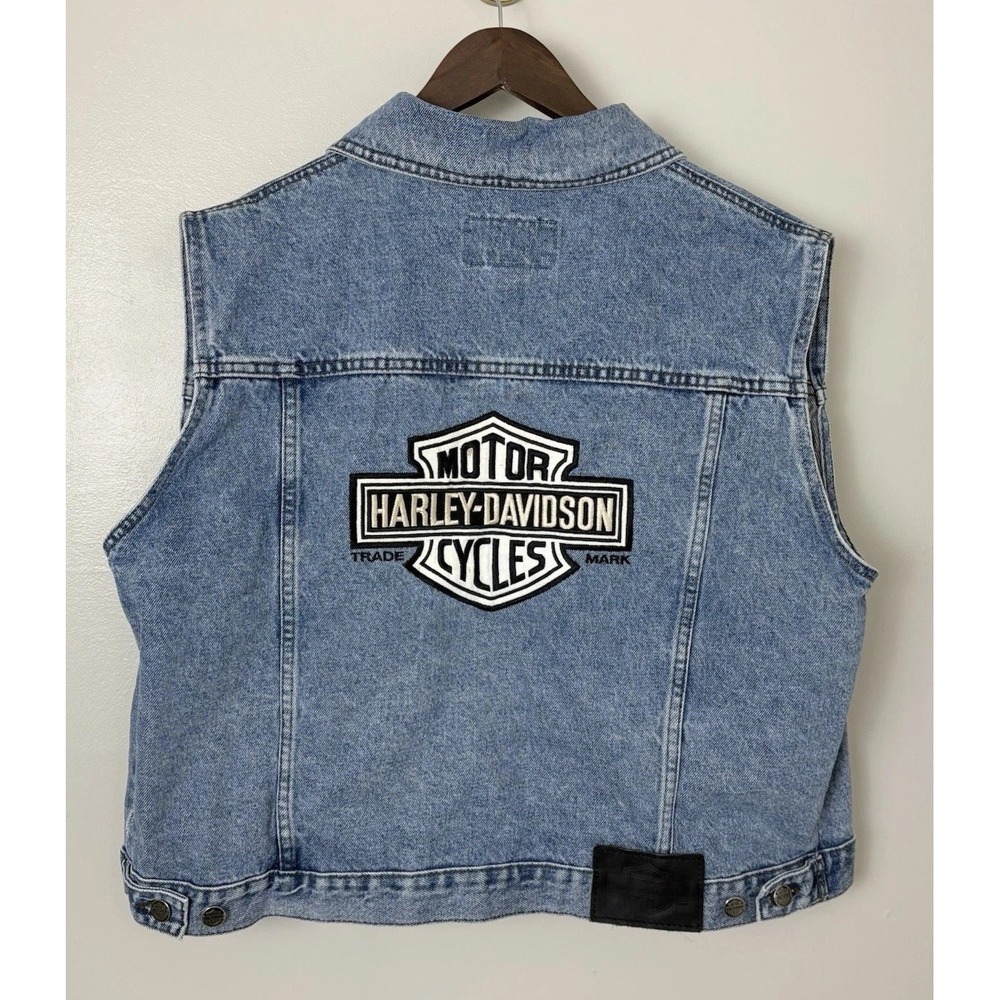 Vintage Harley Davidson Womens Blue Jean Vest Motorcycle Jacket‎ Size XL Patch